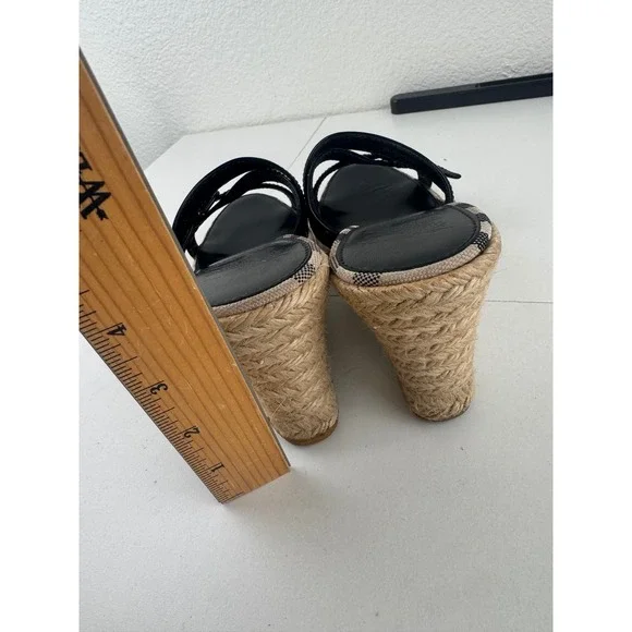 Burberry Haymarket Check Espadrille Wedge Sandals Black Patent Leather 38 7.5 8 - Picture 3 of 9